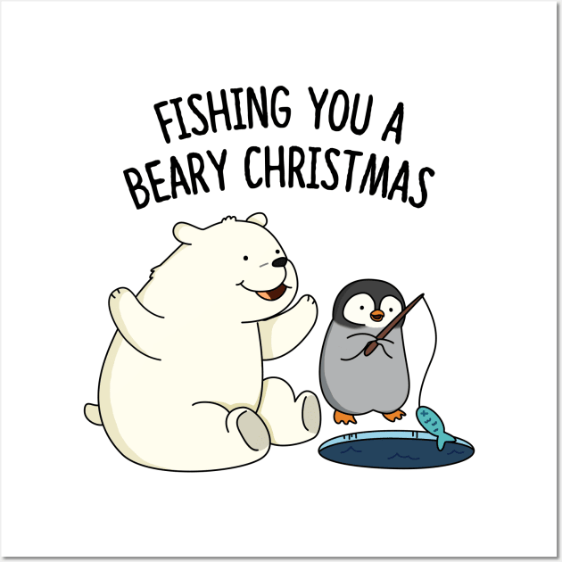 Fishing You A Beary Christmas Cute Polar Bear Pun Wall Art by punnybone